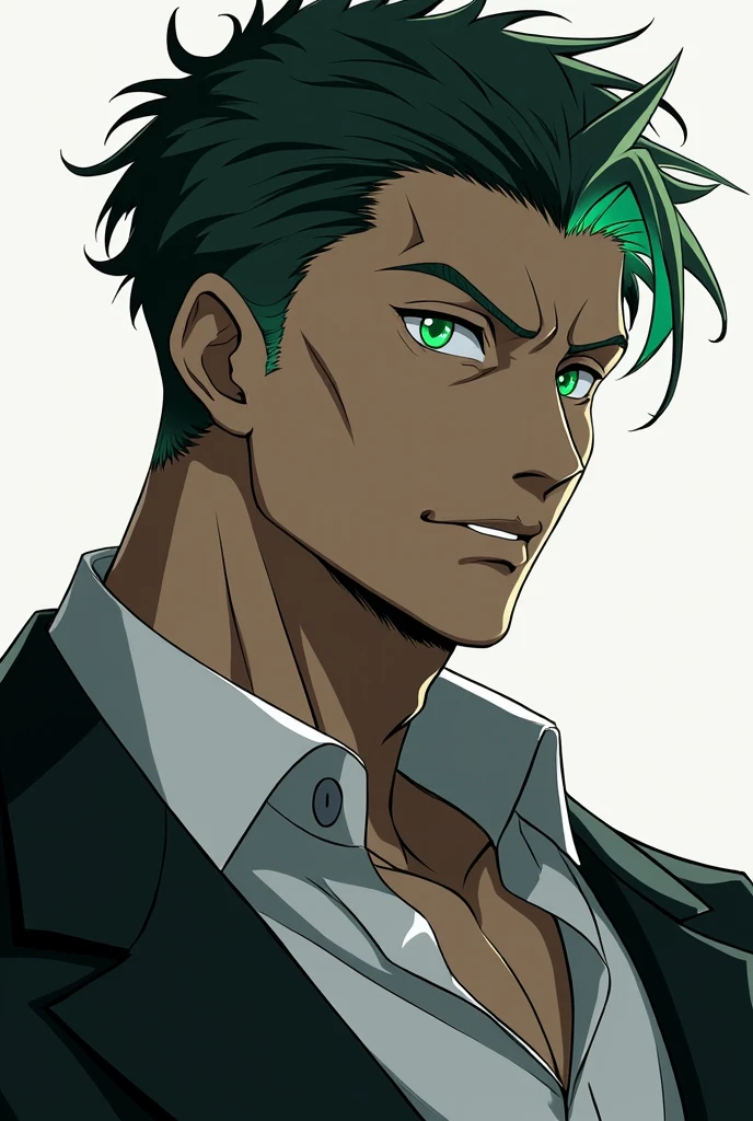 Create Yuji Itadori from Jujutsu Kaisen in anime style, of more muscles, greeneyes, short hair in the middle and straight pulled back and shaved on the sides in a gradient, stylish clothes and a seductive look, more shaved on the sides of the head, skin black, Bblack hair