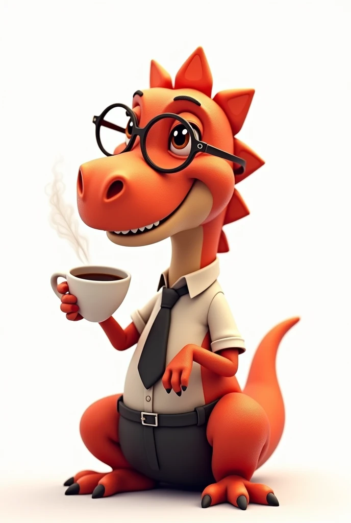 Red animated dinosaur, tender, happy with formal clothes, With glasses, drinking coffee in a white background 