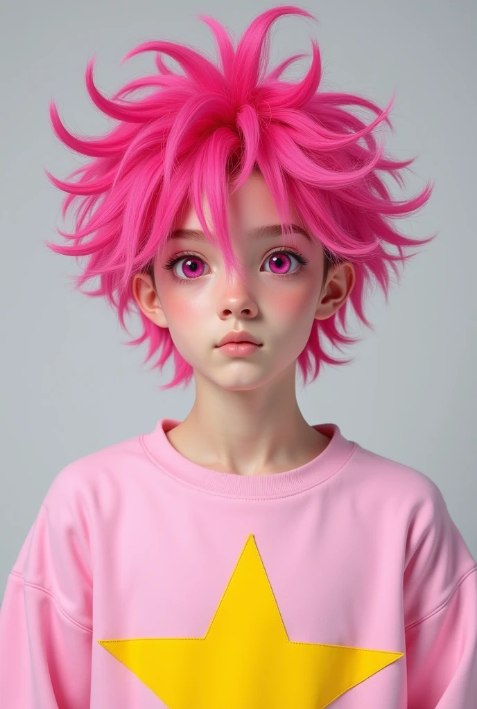 white male, AT 20 YEARS OLD, messy shocking pink hair, bright shocking pink eyes, wearing a light pink sweatshirt with a yellow star in the middle