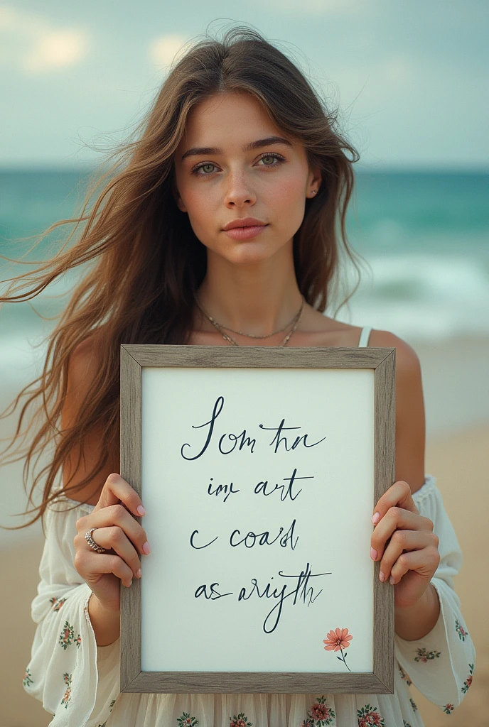 Beautiful girl with wavy long hair, bohemian dress, holding a white board with text "I Love Seaart Infinity" and showing it to the viewer