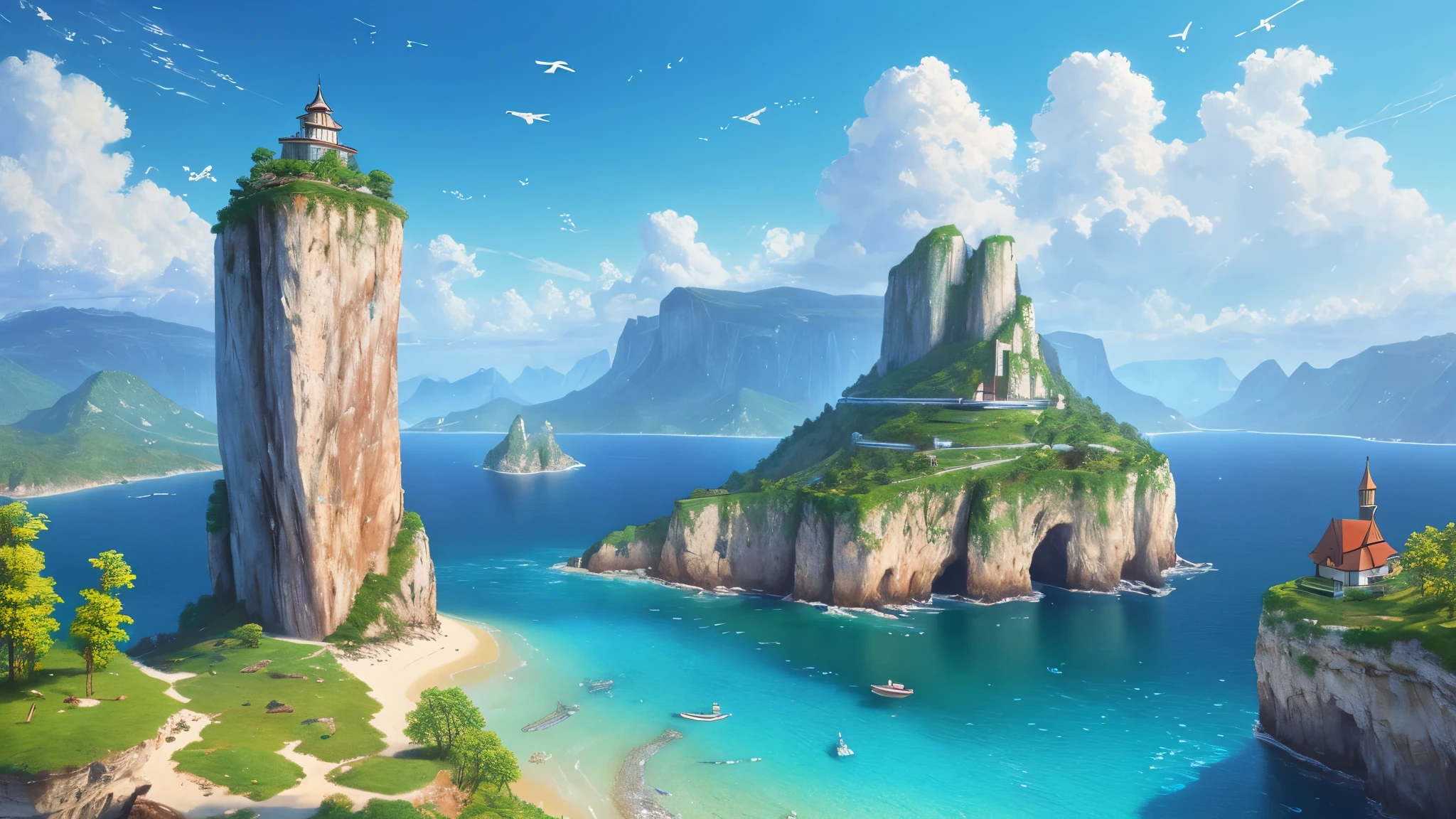 landscape, crystal clear blue water,(extremely detailed CG unity masterpiece 32K UHD wallpaper), most beautiful and colorful artwork in the world, hyper-realistic professional majestic oil painting, birds in sky, intricate, High Detail, Sharp focus, dramatic, photorealistic painting art