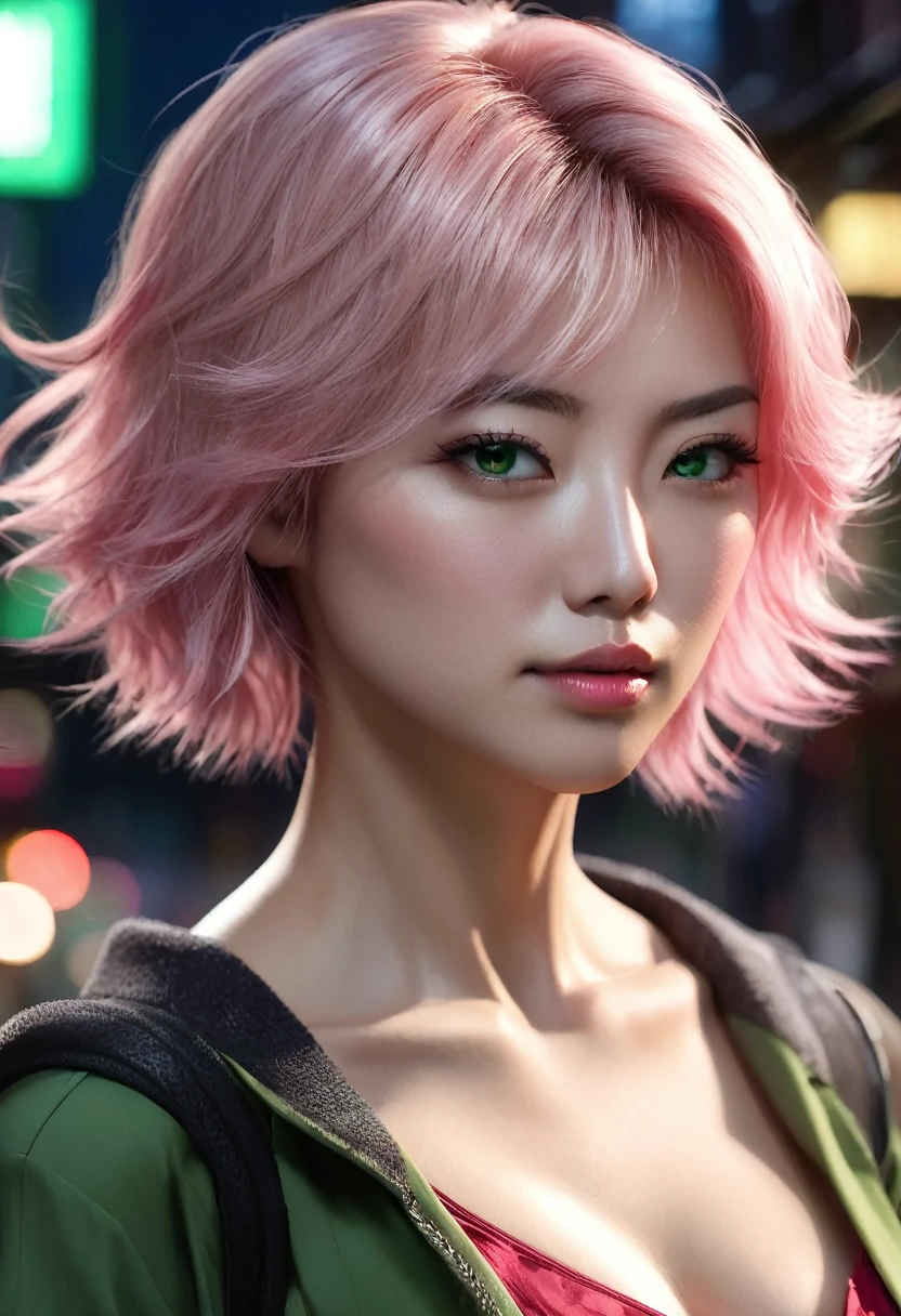 1 woman, she is Japanese, she is inside a city at night, she wears a red blouse, feminine green eyes, fair and detailed skin, small breasts, short light pink hair, dramatic lighting, cinematic composition, dark palette, dark colors, atmospheric haze, thin chin, serious face, serious face, beautiful woman, very beautiful, adult woman, ultra realistic, adult woman, strong woman (best quality, 4K, 8K, high resolution, art: 1.2), ultra detailed (realistic, photorealistic, photorealistic: 1.37)