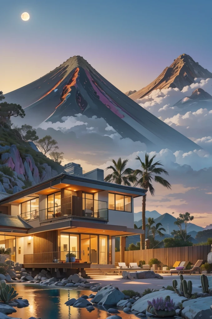 small and beautiful modern house in top of big boulders, terraces, pool, stairs, multiple cacti gardens, palms, trees, rocks, beautiful landscape design, mountains and volcano y background, amazing clouds, sun, moon, planets, milky way galaxy, concrete, wood, glass and steel materials, olive green, violet, orange and withe colors in facade