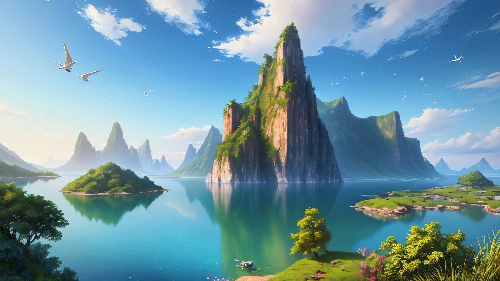 landscape,water,(extremely detailed CG unity masterpiece 32K UHD wallpaper), most beautiful and colorful artwork in the world, hyper-realistic professional majestic oil painting, birds in sky, intricate, High Detail, Sharp focus, dramatic, photorealistic painting art