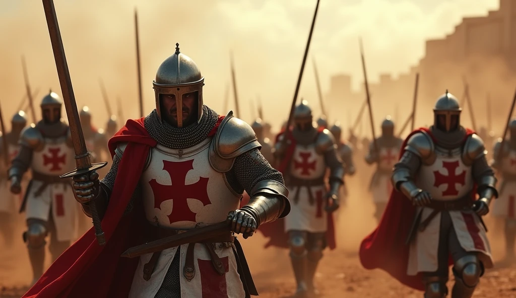 A highly realistic, high-contrast, 8K HD, detailed, hyper-detailed image of the Crusader knights from the provided image, rising up on the battlefield and launching a powerful counterattack. The knights, clad in steel armor with red crosses on their tunics, stand tall amidst the chaos, their swords raised high as they surge forward with renewed vigor. The battlefield is a maelstrom of dust, blood, and clashing steel, but the knights' determination and resolve are unshaken. Their faces are filled with fierce intensity as they fight back against their enemies, turning the tide of battle. The dramatic lighting highlights the gleam of their armor and the dynamic movement of their charge. The image is of the highest quality, with ultra-high resolution, RAW photo quality, and Unreal Engine rendering, capturing the heroic moment as the Crusaders unite in a powerful and decisive counterattack.
