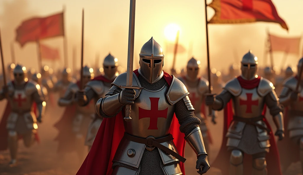 A highly realistic, high-contrast, 8K HD, detailed, hyper-detailed image of the Crusader knights from the provided image, rising up on the battlefield and launching a powerful counterattack. The knights, clad in steel armor with red crosses on their tunics, stand tall amidst the chaos, their swords raised high as they surge forward with renewed vigor. The battlefield is a maelstrom of dust, blood, and clashing steel, but the knights' determination and resolve are unshaken. Their faces are filled with fierce intensity as they fight back against their enemies, turning the tide of battle. The dramatic lighting highlights the gleam of their armor and the dynamic movement of their charge. The image is of the highest quality, with ultra-high resolution, RAW photo quality, and Unreal Engine rendering, capturing the heroic moment as the Crusaders unite in a powerful and decisive counterattack.