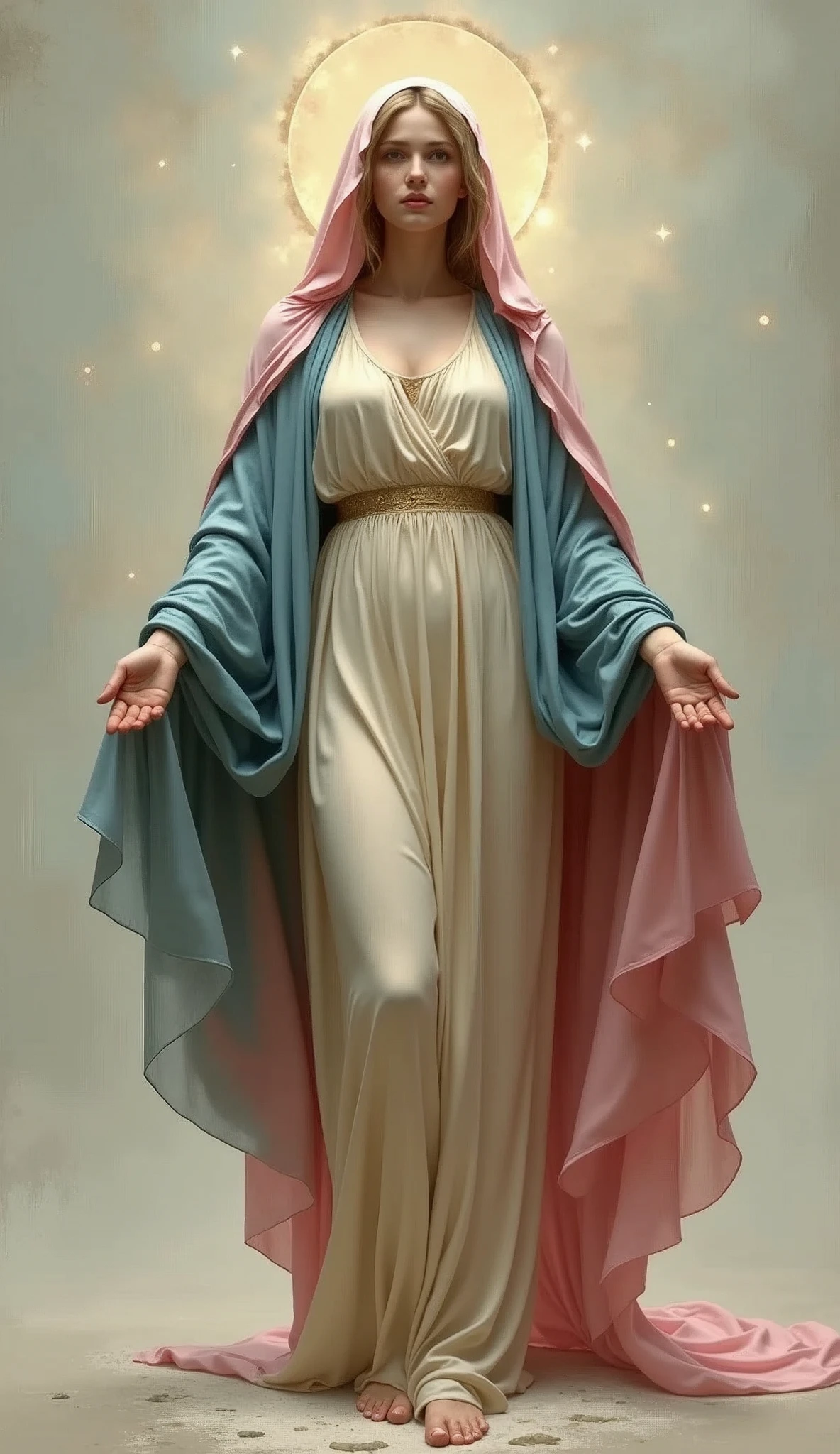 The whole body of the lascivious and beautiful Virgin Mary、Wearing a bluish-beige tunic, a pink cloak and veil