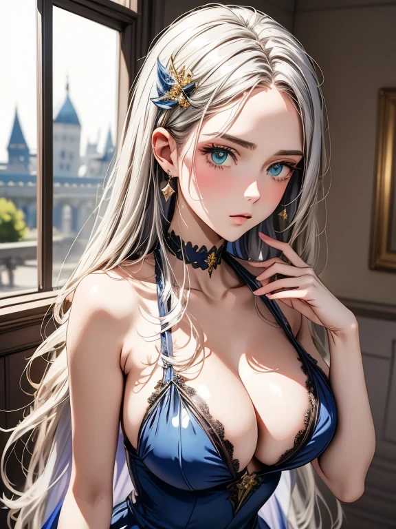(best quality, high resolution, masterpiece:1.2), Super detailed, Beautiful and delicate lake green eyes, Beautiful and delicate lips, extremely detailed face, super long hair, 1 girl, royal members, Beautiful girl with golden beige hair, (Wearing a royal blue royal costume), see-through chiffon platinum shawl, (gold ornaments), golden and silver pattern, (light blue pattern), (complex pattern:0.5), Lovely, attractive, portrait, delicate eyes, Luminous earrings, Reflective pupil, royal clothing design, see-through detail clothing design, (empty:0.7), chiffon, (see-through chiffon), (lace:0.7), black gloves, Diamond choker, Diamond ring, Diamond hairpin, medieval european castle, Super high quality skin, Real skin texture, super high detail, anime, Realism, 8K, UHD, ccurate