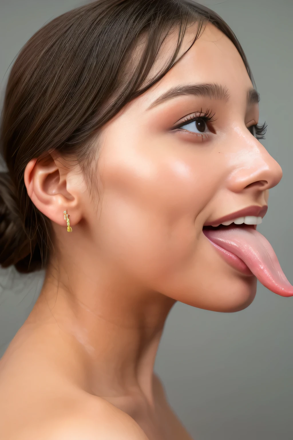 Taylor Hill、High resolution realistic photos,8k,Realistic skin texture,to be born々New People々々々々々,1 person,Tabletop,,Awards - Winning Photos, Very detailed, close your eyes, Nose and mouth,Face Focus, Extreme close up of face、Woman with open mouth and close your eyes, Black camisole、20-year-old,Black-haired、Symmetrical face,Realistic nostrils、Angle from below、Elongated C-shaped nostrils,((Gray background))、Sweaty skin、Lighting that highlights glowing skin caused by sweat、((Sharp Nose))Skin shiny with sweat、Glowing Skin、Sweaty hair、sunlight、(Brow wrinkles)((Frowning))(cum on tongue)、Deep Kiss、((Thin eyebrows))((Oily skin、Glowing Skin))、double eyelid、Wet and shiny tongue、Tied Hair、updo、Lift your head(((Long Tongue, Saliva trace)))((Super wet skin))((Visible profile of the nasal septum,nasal septum,profile))