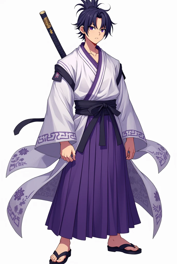 (illustrator) sketsa anime, samurai, kimono, blurple + white, front position, full body, boy, age 18