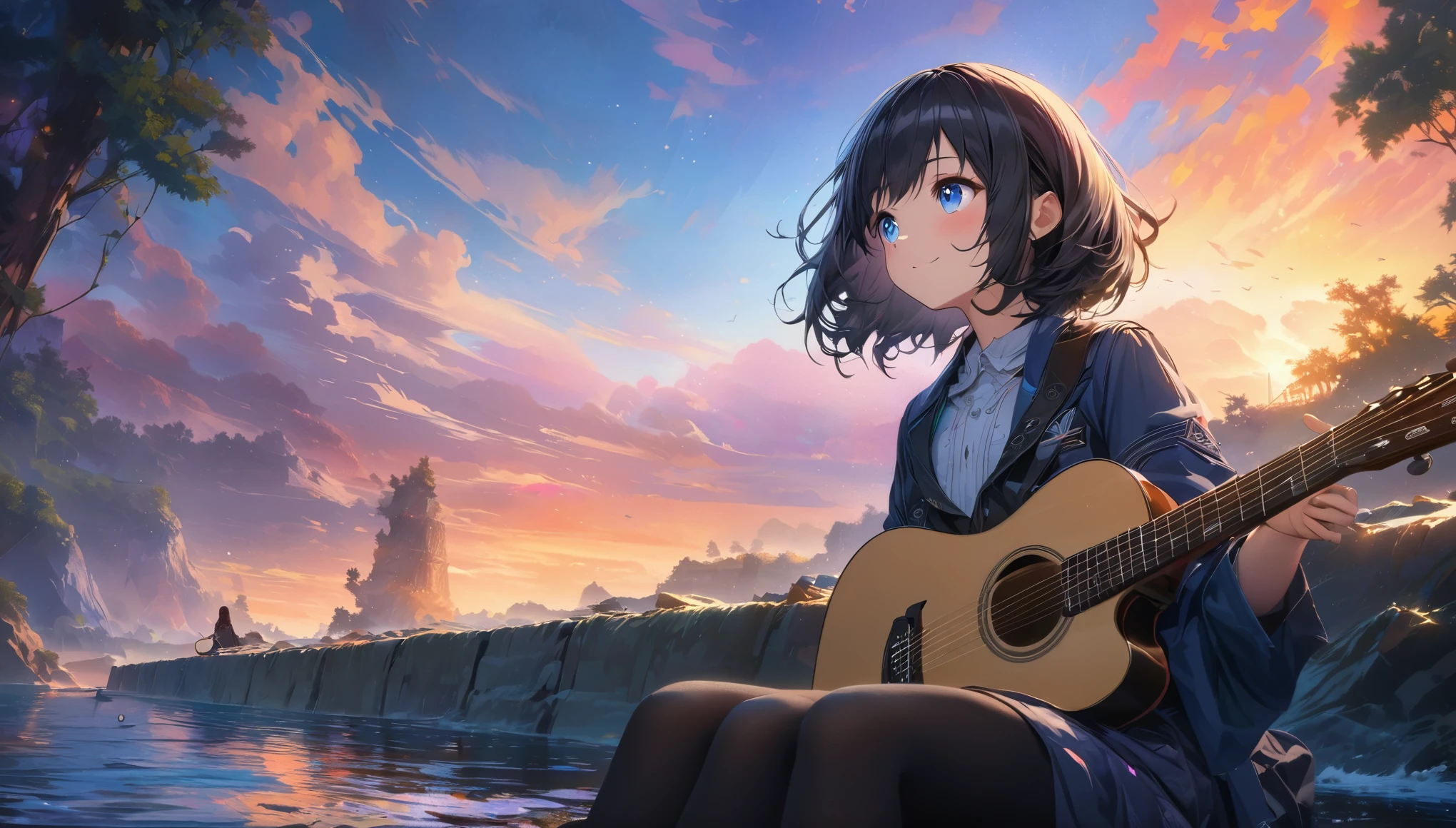美しい1 personの, alone, She has a sweet smile and a flat chest., short hair, Black Hair, blue eyes, Beautiful depiction,, Seaside Sunset Serenade,Focus on the landscape,Landscape painting,The girl is playing the guitar while looking up at the sky,Masterpiece of a girl playing guitar,Highest quality,High resolution,Extra limbs,Missing limbs,extra digits,Fewer digits,Missing numbers,no fingers,Healed finger,mutated hands and fingers,Quiet night viewに浸る, 4K HDTV digital art, Ultra-detailed digital paintings, Capture every texture and nuance in 4K, Beautiful Art UHD 4K, Showcasing a stunning art style and dreamy digital paintings, Quiet night view, Intuitive Details, Anime art wallpaper to brighten up your space, 1 person, Music Enthusiast, Highly detailed digital painting, 4K HDTV, Finely crafted and uniform, Sitting on the breakwater, Looking out over the quiet water, Great lighting to complement the scene, 4K Detailed Digital Art, Highly detailed digital painting, Capture every emotion、