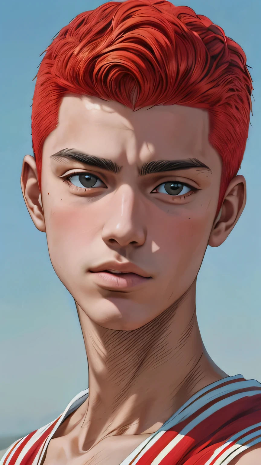 (masterpiece, best quality:1.5), 
(photorealistic, RAW photo : 1.4), 
(1boy), ( medium shot, professional portrait :1.5),  
beautiful face, (realistic face), 
beautiful hairstyle, 
realistic eyes, 
beautiful detailed eyes, 
(realistic skin), beautiful skin, 
absurdres, attractive, 
ultra high res, ultra realistic, highly detailed, 
golden ratio, Sakuragi Hanamichi1, red hair, short hair, pompadourshirt, buzz cut, basketball uniform, 
