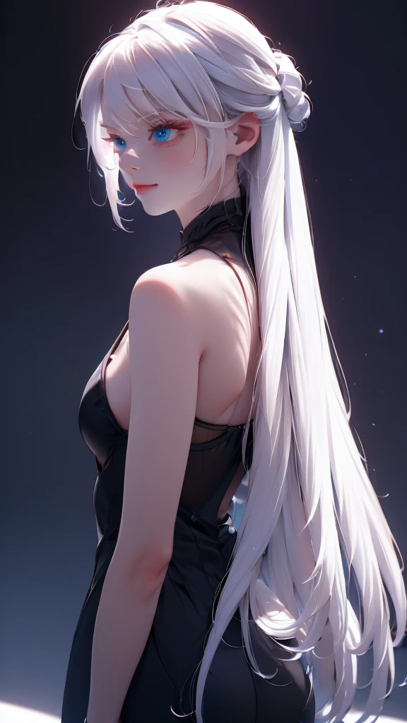 1 girl, medium light white hair, light blue eyes, wearing Black suit 4D , night city, absurdres , high res, ultrasharp, 8K, masterpiece, looking from behind