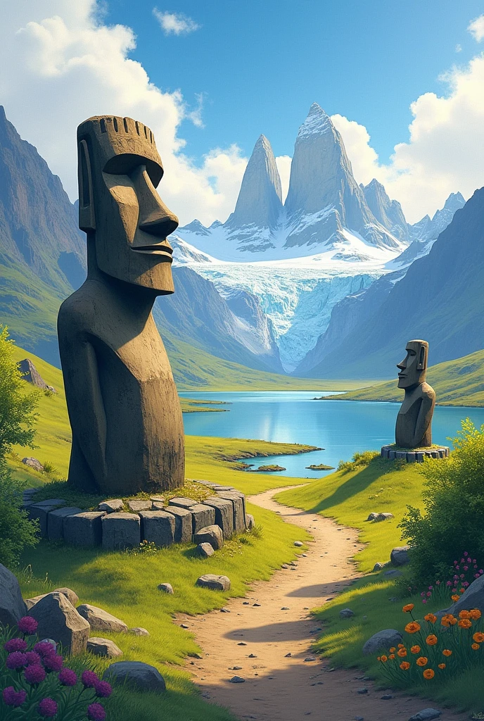 Watercolor with Easter Island landscape, Torres del Paine, Chiloé and Atacama Desert
