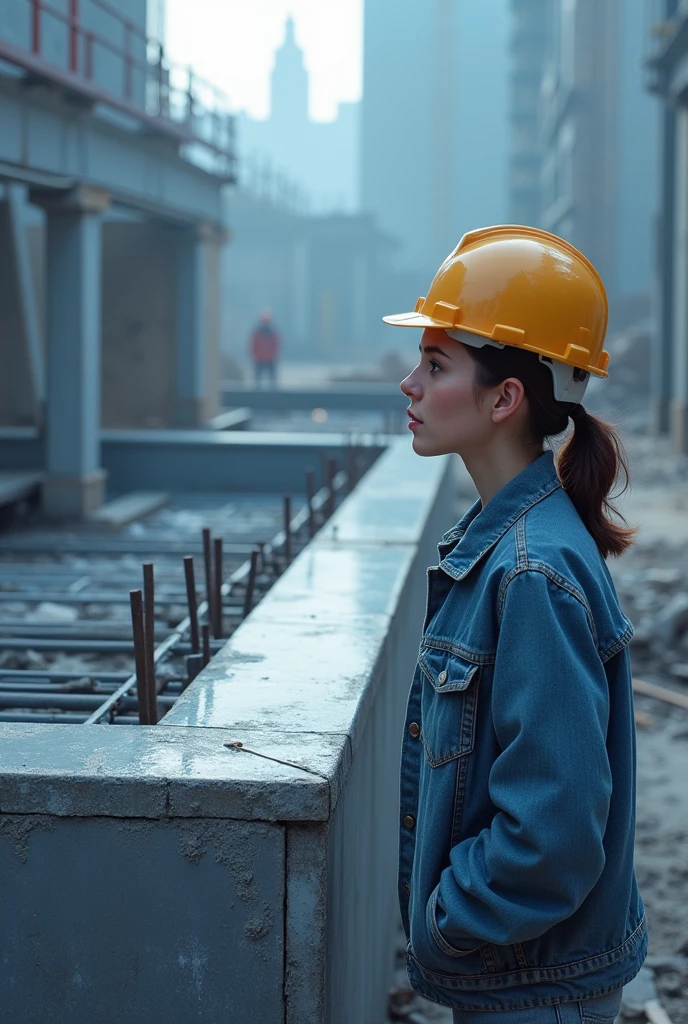Image of a woman observing the concreting of a slab made with reinforced concrete next to a civil engineer. The woman is curious and asks the engineer: "What is reinforced concrete?". The scene is predominantly in shades of blue, with details that highlight the concreting process and the interaction between the woman and the engineer