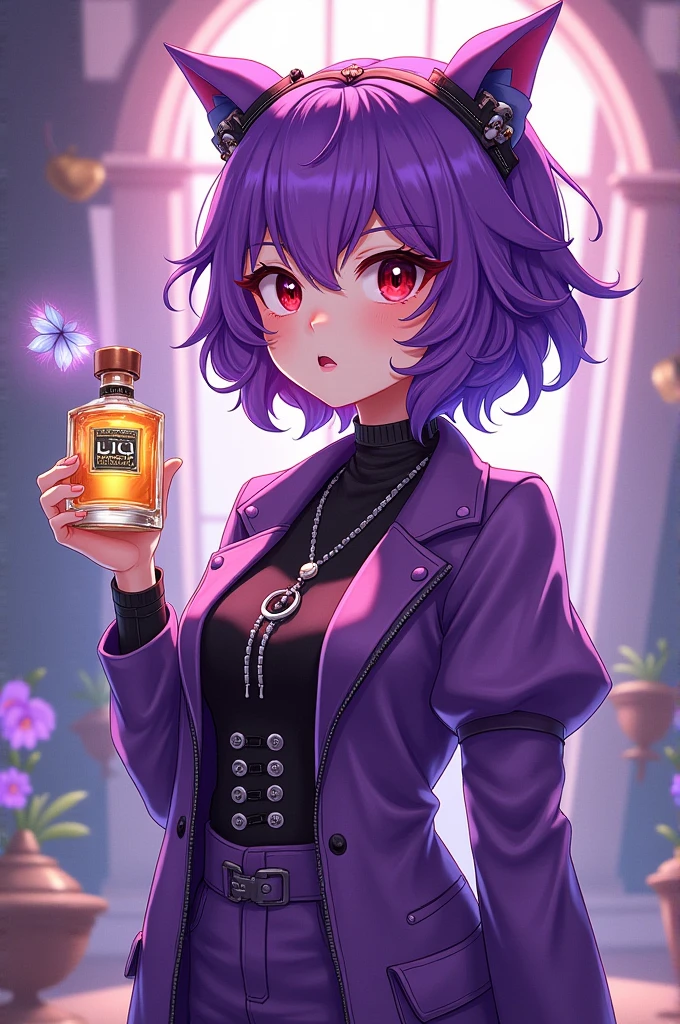 Yuva has purple ringleted hair,
sharp red eyes
an outfit theme thats menhera-kei and lte purple coloured
Their character type is scaredy cat
they love coffee, they transform using! a perfume