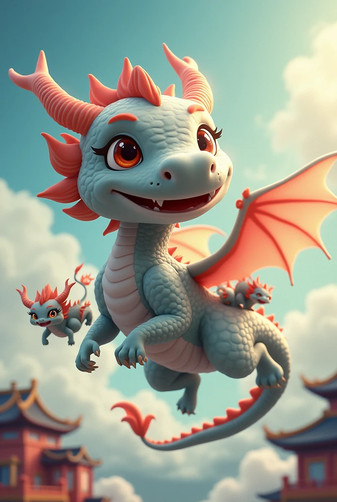 A gray Chinese dragon,huge,Warm expression,fly,with a few small dragons on its back,cute style,Chinese style in the background,Don't need wings