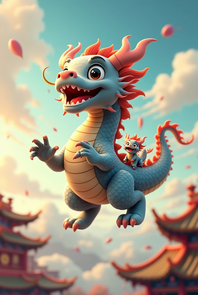 A gray Chinese dragon,huge,Warm expression,fly,with a few small dragons on its back,cute style,Chinese style in the background,Don't need wings