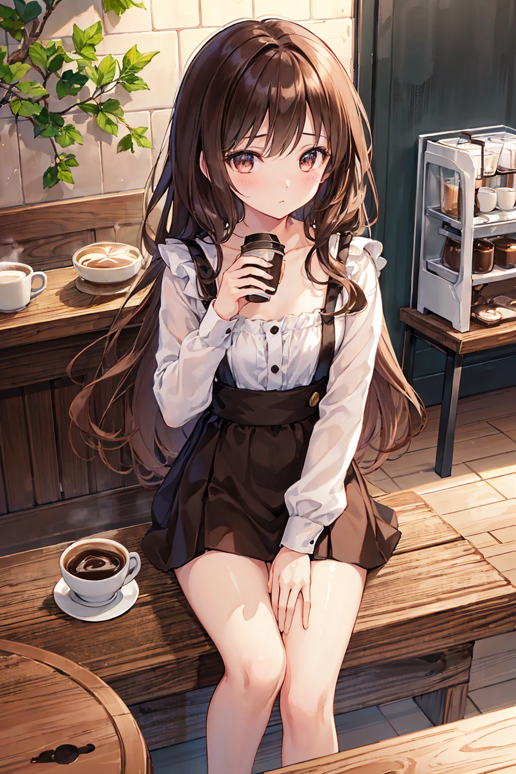 there is nothing、masterpiece、Chizuru Ichinose、Brown Hair、I、For women、background((Night coffee shop、Counter seats、coffee maker))、table(menu、Coffee cup, Coffee cupをてに持っている、Sugar Bottle、milk),tableトップ、、Colorful underwear patterns、细致background、Detailed eyes、((Brown eyes)),Beautiful and perfect legs,Brown Hair,Shortcuts,Messy Hair,Slender beauty,A dignified posture,Small chest,Beautiful feet,Her captivating grey-blue eyes shine like stars,