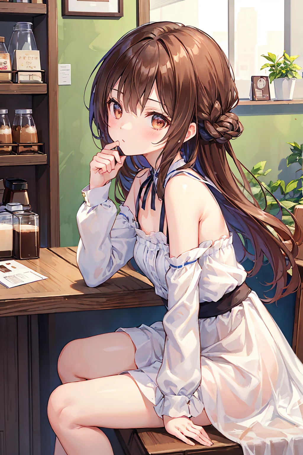 there is nothing、masterpiece、Chizuru Ichinose、Brown Hair、Shortcuts,Small breasts,Flat chest,I、For women、background((Night coffee shop、Counter seats、coffee maker))、table(menu、Coffee cup Coffee cup、Sugar Bottle、milk),tableトップ、细致background、Detailed eyes、Brown eyes,Beautiful and perfect legs,((Highest quality)), (Very detailed), (High-definition CG synthesis 8k wallpaper), 高いly detailed, 高い-definition raw colbor photos, Professional photography, Written boundary depth,