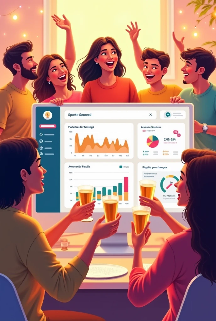 (Mousumi’s online store dashboard showing increasing orders and positive customer feedback, with her friends celebrating in the background.