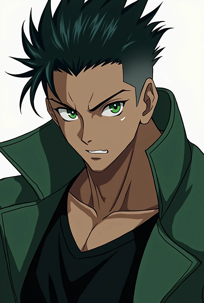 Create Yuji Itadori from Jujutsu Kaisen in anime style, of more muscles, greeneyes, short hair in the middle and straight pulled back and shaved on the sides in a gradient, stylish clothes and a seductive look, more shaved on the sides of the head, skin black, Bblack hair, Bblack hair
