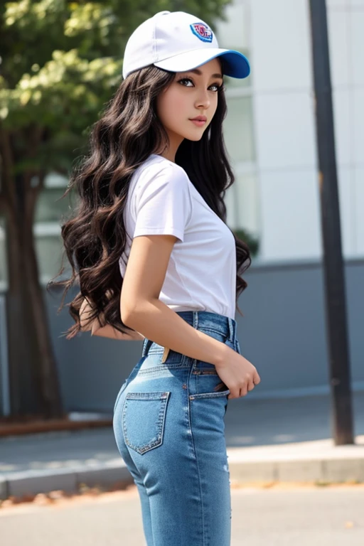 3D Anime Style、4K、20Year old girl、Big eyes、Long black curly hair blowing in the wind、Short T-shirt and denim pants、Blue Eyes、stage、Camera angle from the side、Dancing、Wearing a cap、