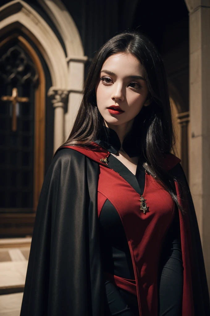 16k, best quality, extremely detailed, ultra quality, ultra highres, masterpiece, beautiful, Raw Photo, beautiful girl, girl dressed in a vampire costume with a red vest and black cape, with cape, high quality costume, wearing black clothes and cape, large cape, vampire, long cape, with a long black cape, pale skin, Church at night