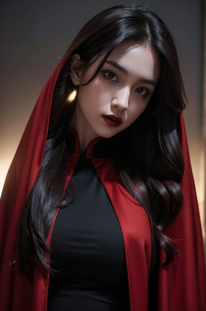 16k, best quality, extremely detailed, ultra quality, ultra highres, masterpiece, beautiful, Raw Photo, beautiful girl, girl dressed in a vampire costume with a red vest and black cape, with cape, high quality costume, wearing black clothes and cape, large cape, vampire, long cape, with a long black cape, pale skin, Church at night