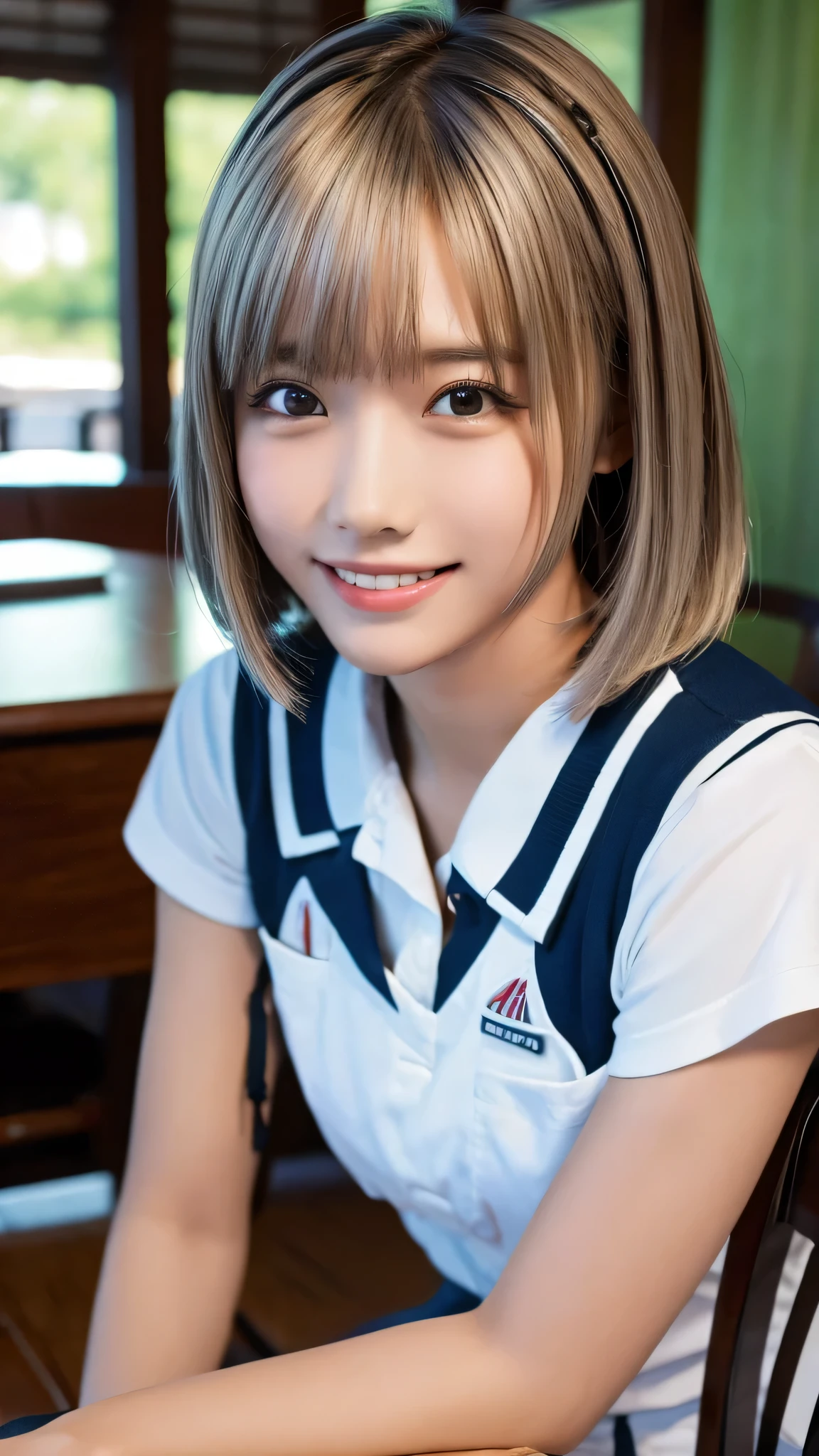 ((masterpiece, Highest quality, High resolution)), One of the Japan, (Realistic: 1.4), smile、Great face,Glossy lips、15 years old, Silver Hair、Silver Hair、Short Bob、(Beautiful Hair:1.5), Sailor suit、Cafe、Sit on the chair and drink tea.、Staring、Angle from the front, Smooth, Highly detailed CG composite 8K wallpaper, High resolution RAW color photos, Professional photography, Light, BackLight, impressive, Written boundary depth, (Face close-up:1.4)