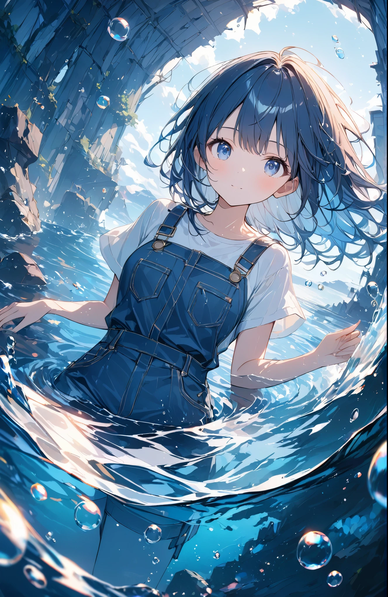 ((Amazingly absurd)),超High resolution, Attention to detail, high quality, High resolution, 最high quality, 4K, 8k、A sunken ruin、Girl in the water、Surrounded by bubbles、A world of deep blue、Overall, a work in deep blue tones