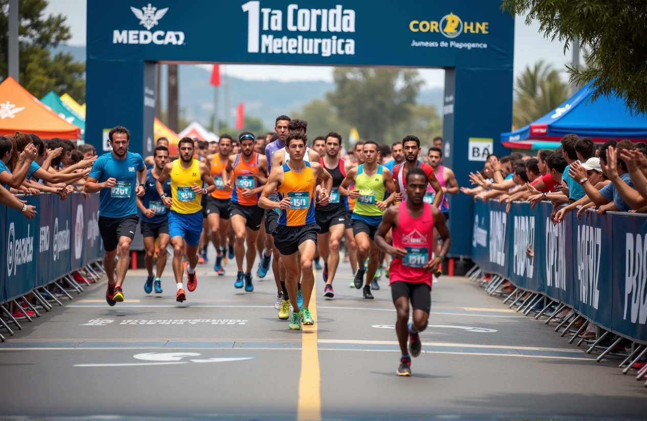 A high-quality photo of a large group of Brazilian people running in a marathon during the daytime. The runners, wearing a variety of colorful athletic gear, are in mid-stride, with expressions of focus and determination. sunlight dapples the ground, creating dynamic shadows. The scene is lively with spectators cheering from the sidelines, and the overall atmosphere is energetic and celebratory. Text written on banner "1ª Corrida Metelurgica"