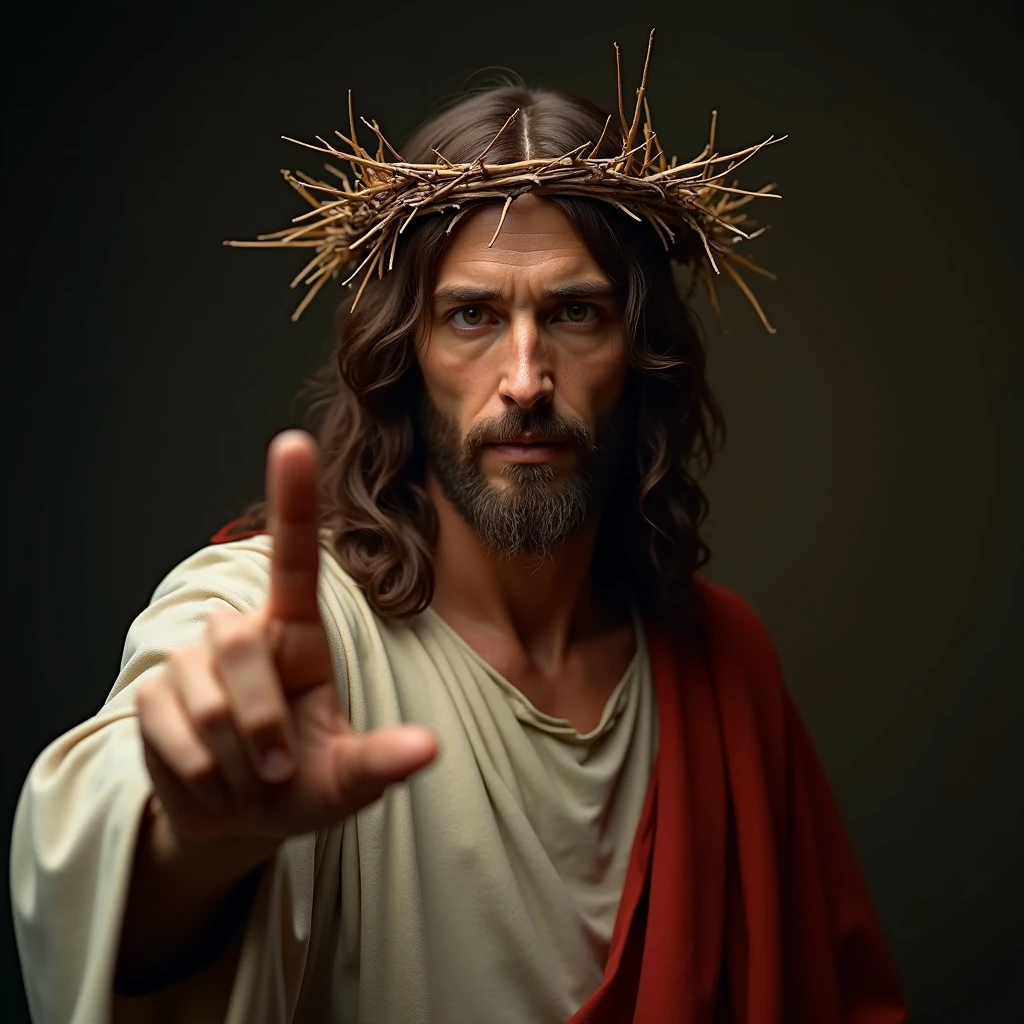 A highly realistic portrayal of Jesus, centered in the frame, wearing a crown of thorns. He is looking directly forward, with a natural expression, and pointing his finger towards the viewer. The image is captured in stunning 4K resolution with high detail,   fine details of his face and clothing, studio lighting, foto de média distância,well lit, bright lighting