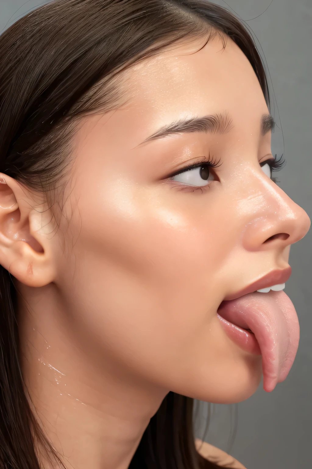 Taylor Hill、High resolution realistic photos,8k,Realistic skin texture,to be born々New People々々々々々,1 person,Tabletop,,Awards - Winning Photos, Very detailed, close your eyes, Nose and mouth,Face Focus, Extreme close up of face、Woman with open mouth and close your eyes, Black camisole、20-year-old,Black-haired、Symmetrical face,Realistic nostrils、Angle from below、Elongated C-shaped nostrils,((Gray background))、Sweaty skin、Lighting that highlights glowing skin caused by sweat、((Sharp Nose))Skin shiny with sweat、Glowing Skin、Sweaty hair、sunlight、(Brow wrinkles)((Frowning))(cum on tongue)、Deep Kiss、((Thin eyebrows))((Oily skin、Glowing Skin))、double eyelid、Wet and shiny tongue、Tied Hair、updo、Lift your head(((Long Tongue, Saliva trace)))((Super wet skin))((Visible profile of the nasal septum,nasal septum,profile))