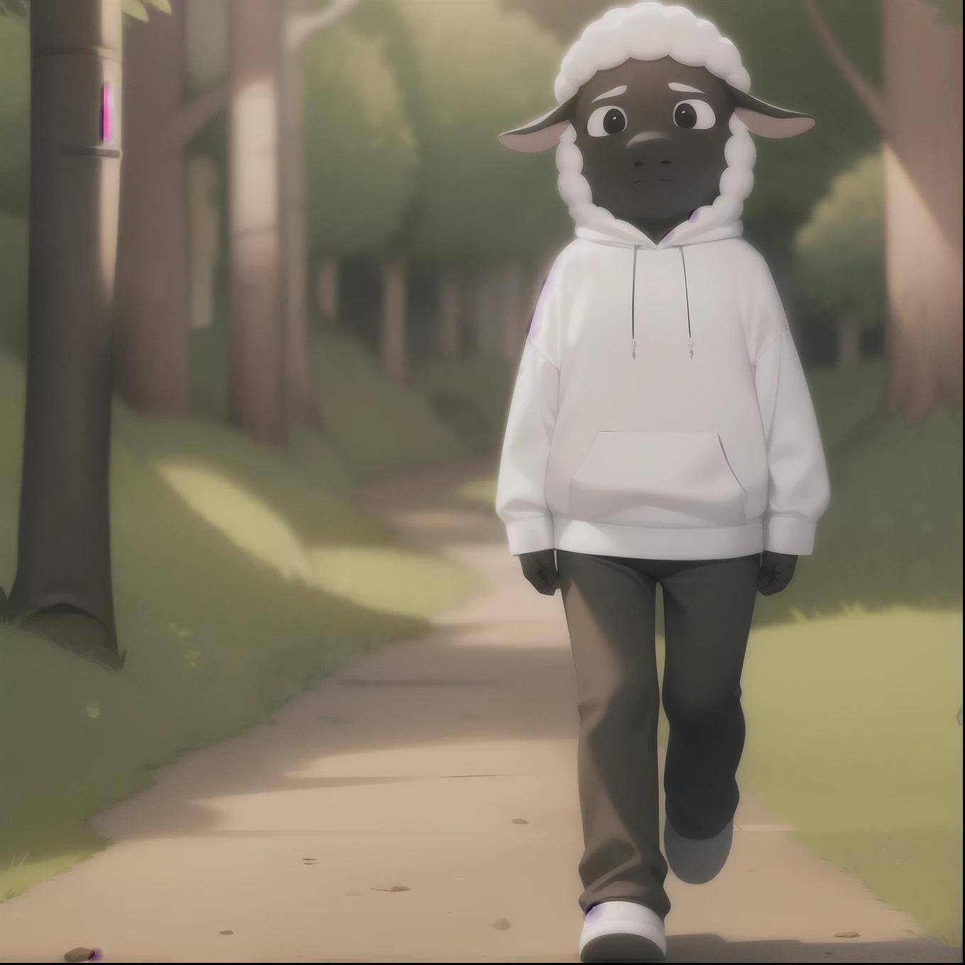 ((masterpiece, best quality)), Solitary, Solitary focus, whole body, No humans, hairy, sheep, black eyes, White fur, Woolley, ,White Hoodie,Black long pants Forest, walk, scared, night,