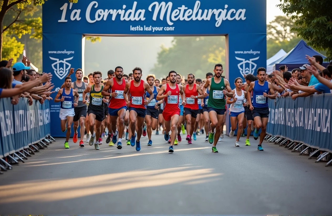 A high-quality photo of a large group of Brazilian people running in a marathon during the daytime. The runners, wearing a variety of colorful athletic gear, are in mid-stride, with expressions of focus and determination. sunlight dapples the ground, creating dynamic shadows. The scene is lively with spectators cheering from the sidelines, and the overall atmosphere is energetic and celebratory. Text written on banner "1ª Corrida Metelurgica"