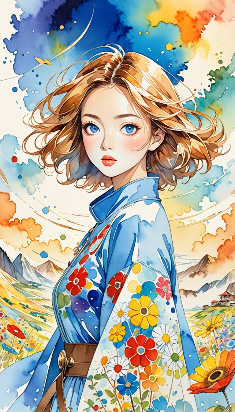 Takashi Murakami Style、(((stylish fashion))), 8K Quality、Intense watercolor, Detailed watercolor art, Watercolor splash, Surreal, avant-garde pop art, Beautiful and expressive paintings, Beautiful artwork illustration, Very colorful tones, wonderful, Cool beauty, highest quality、Official Art, Vector art, Stylish design, ((Nausicaa of the valley of the wind )),(((The most beautiful smiling girl))), (((picnic1.3))), (((highest quality))), HDR, ((detailed)), (((Doodle Art)), ((masterpiece)), ((Super detailed)), (((Stylish))), 