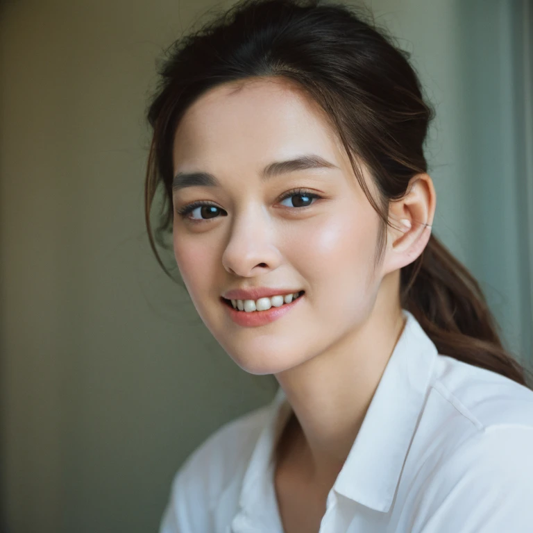 1girl, Realistic photograph best quality portrait of a beautiful gorgeous young cute Asian woman, 21yo., looking something, detailed face, Realistic texture human skin, very beauty long and slender bright glowing face, droopy hooded eyes, wavy nose, full wide lips, bright smiling, ponytail, studio portrait, (((young Marion Cotillard blended face mixed with young Anne Hathaway))), wearing bodyfit white shirt, flirting smiling portrayal, ethereal girl, intimate lighting sturdy, real photo, brown eyes, zoomed, best quality, masterpiece, Leica SL3, Summicron-SL 75mm ASPH, F/1.8, (cinematic still:1.2), Film Never Die Kiro 400 film, bokeh, rim lighting, silhouette, shallowed depth of field,