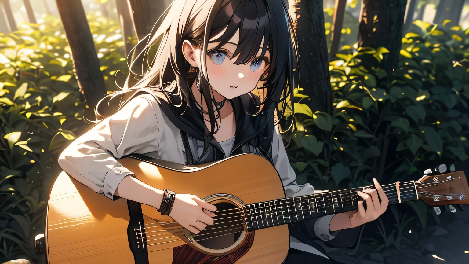{{masterpiece, Highest quality, Extremely detailed CG, 8k wallpaper, 3d, Cinema Lighting}}、Fantasy、middle ages、Daytime、Natural light、Village in the forest、One Woman、Calm expression、Beautiful and detailed eyes、Acoustic guitar、Acoustic guitarで歌う、Outdoor、Village square