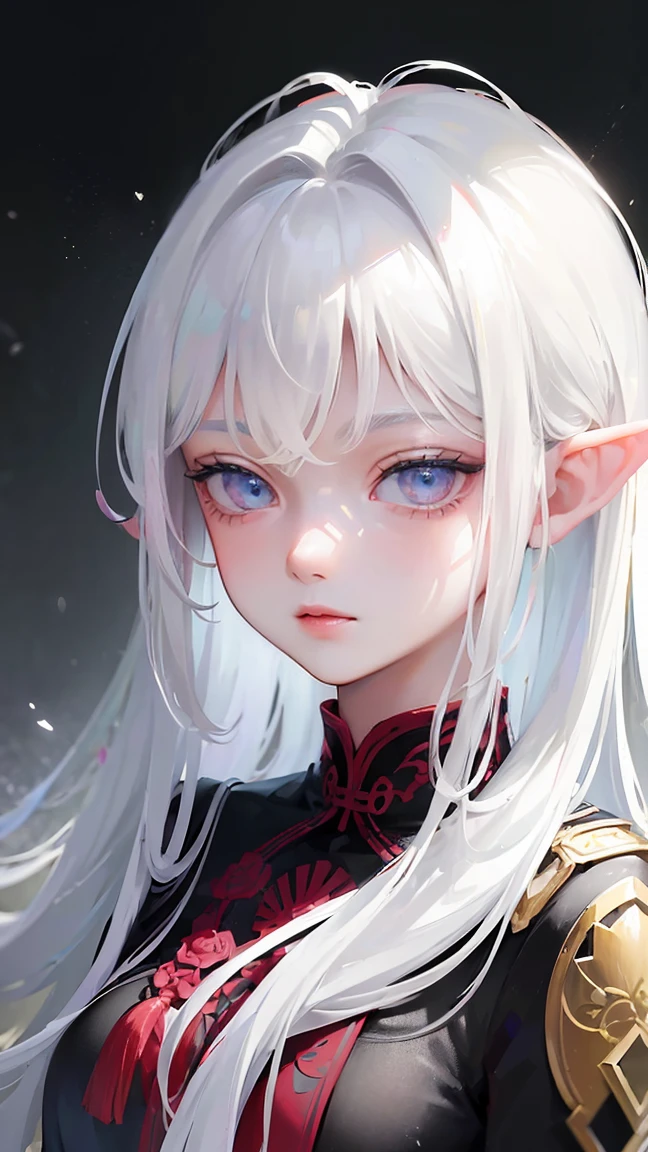 ((masterpiece,best quality,8K,high resolution)), elf, white hair, in heat, mature woman, Highly detailed facial and skin textures, narrow eyes, double eyelids, whiten skin, blowjob, chinese dress