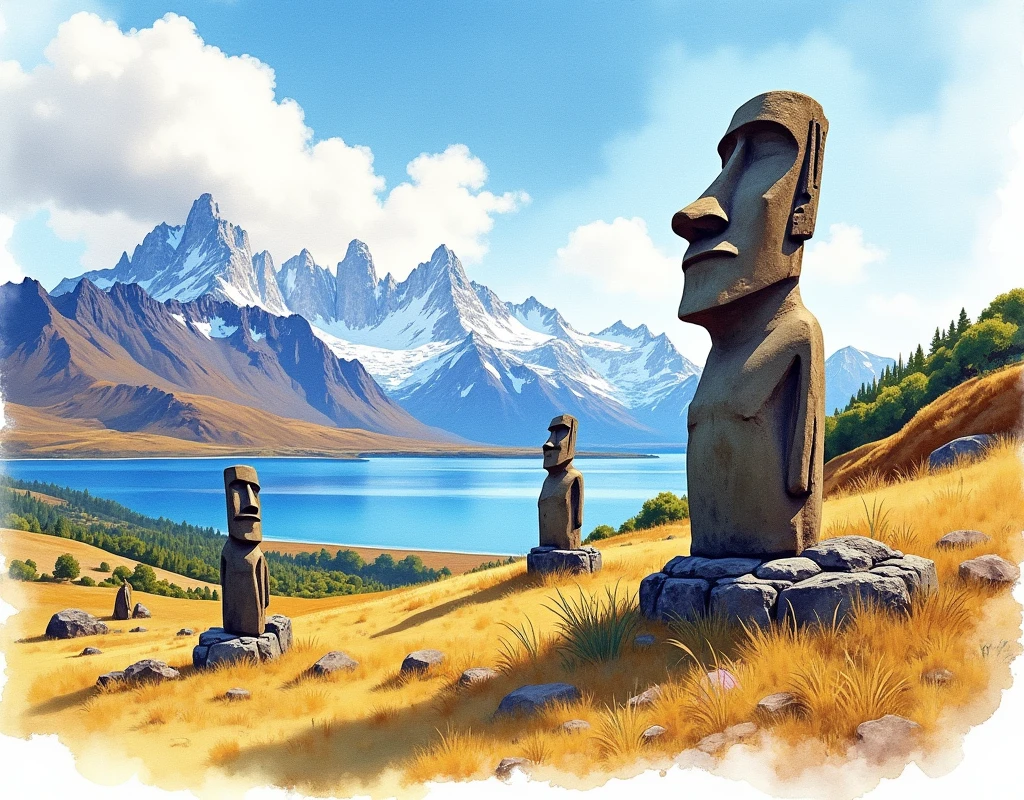 Watercolor with Easter Island landscape, Torres del Paine, Chiloé and Atacama Desert