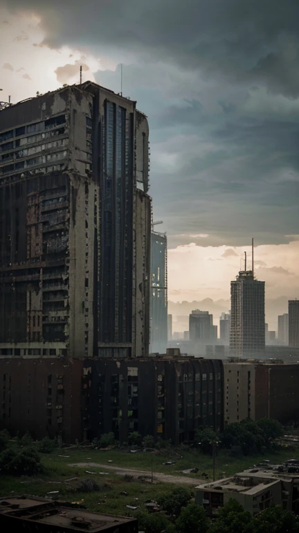 a vast abandoned city, crumbling skyscrapers, overgrown with vegetation, post-apocalyptic atmosphere, gloomy sky, eerie ambience, detailed architecture, intricate details, rusted metal, shattered windows, decaying buildings, nature reclaiming the urban landscape, mysterious and unsettling, (best quality,4k,8k,highres,masterpiece:1.2),ultra-detailed,(realistic,photorealistic,photo-realistic:1.37),cinematic composition,moody lighting,muted color palette