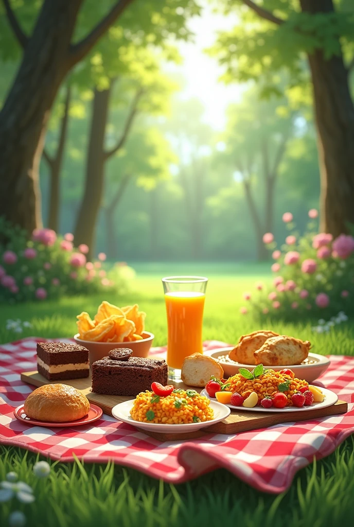 picnic with food items cake, orange juice in wine glass, chips, pastry,biryani, fruit salad