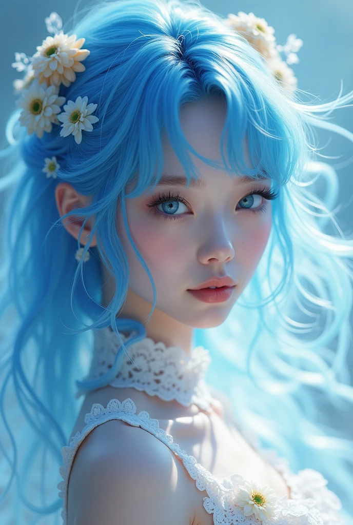 close up of a woman with blue hair wearing a lolita white dress, fantasy art style, beautiful fantasy art portrait, azure. detailed hair, ethereal beauty, beautiful fantasy maiden, beautiful blue haired girl, ethereal fantasy, beautiful young wind spirit, beautiful fantasy portrait, beautiful fantasy art, beautiful digital artwork, ((a beautiful fantasy empress)), pretty girl with blue hair