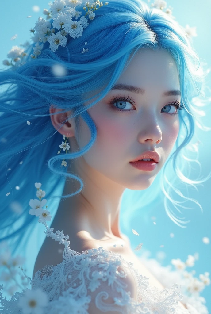 close up of a woman with blue hair wearing a ta white dress, fantasy art style, beautiful fantasy art portrait, azure. detailed hair, ethereal beauty, beautiful fantasy maiden, beautiful blue haired girl, ethereal fantasy, beautiful young wind spirit, beautiful fantasy portrait, beautiful fantasy art, beautiful digital artwork, ((a beautiful fantasy empress)), pretty girl with blue hair