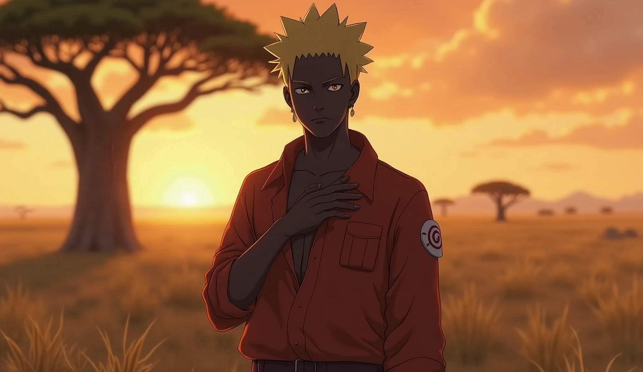 Realistic images of Naruto Uzumaki with black skin in a savanna setting, baobab, shirt with deep neckline, simple African style background, darkskin, sexy fishnet panty, covering the nipples with your hands,image with depth centrality