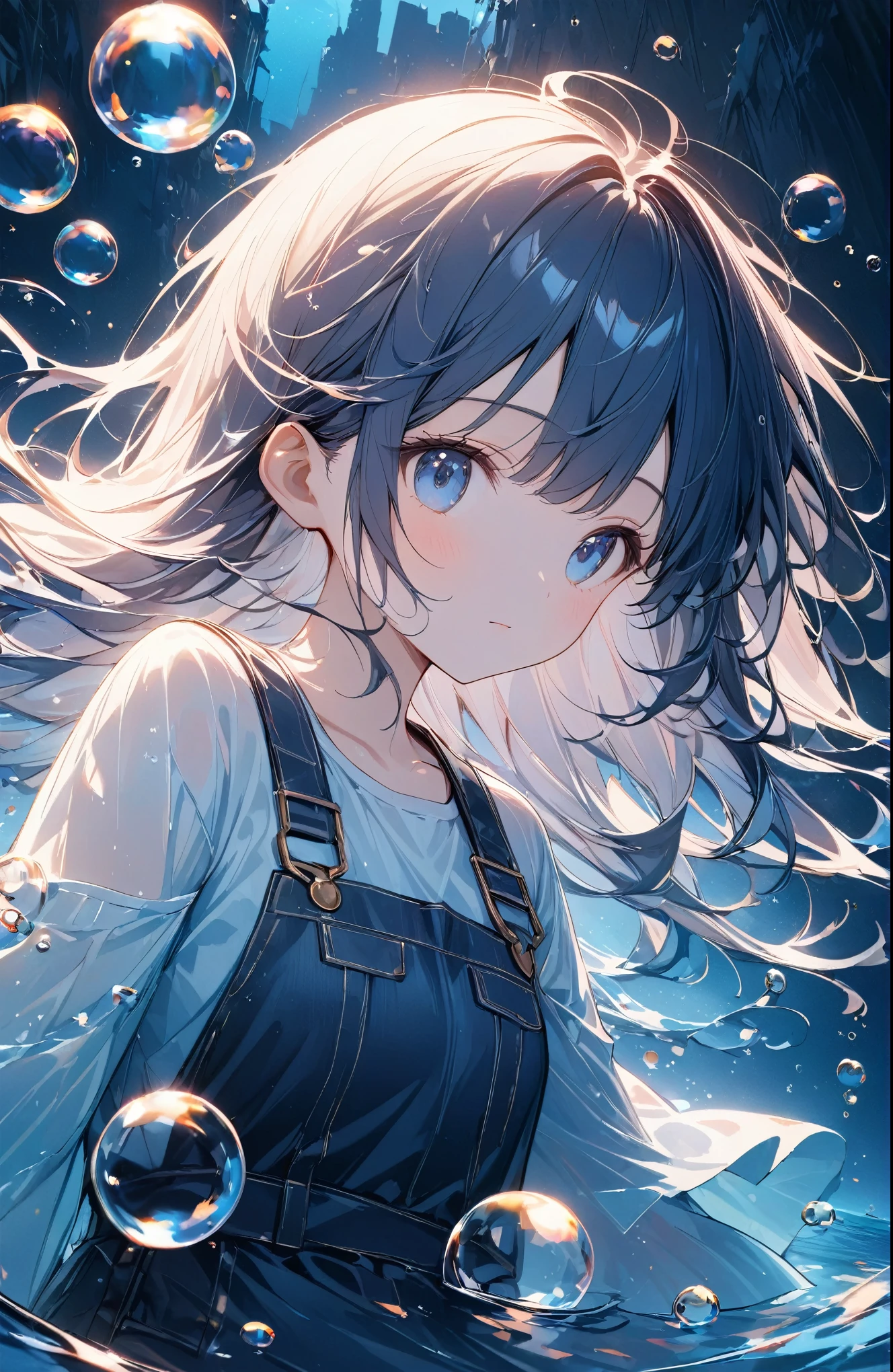 a((Amazingly absurd)),超High resolution, Attention to detail, high quality, High resolution, 最high quality, 4K, 8k,close-up,Cute girl,((Ethereal and mysterious image)),A sunken ruin、Girl in the water、Surrounded by bubbles、A world of deep blue、Overall, a work in deep blue tones