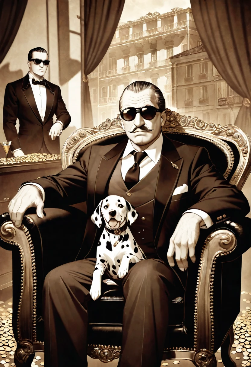 Wear sunglasses, An old Dalmatian dog with a cigar and a mafia boss sitting in an armchair, Gold coins falling from the sk, Vintage Sepia Photography,