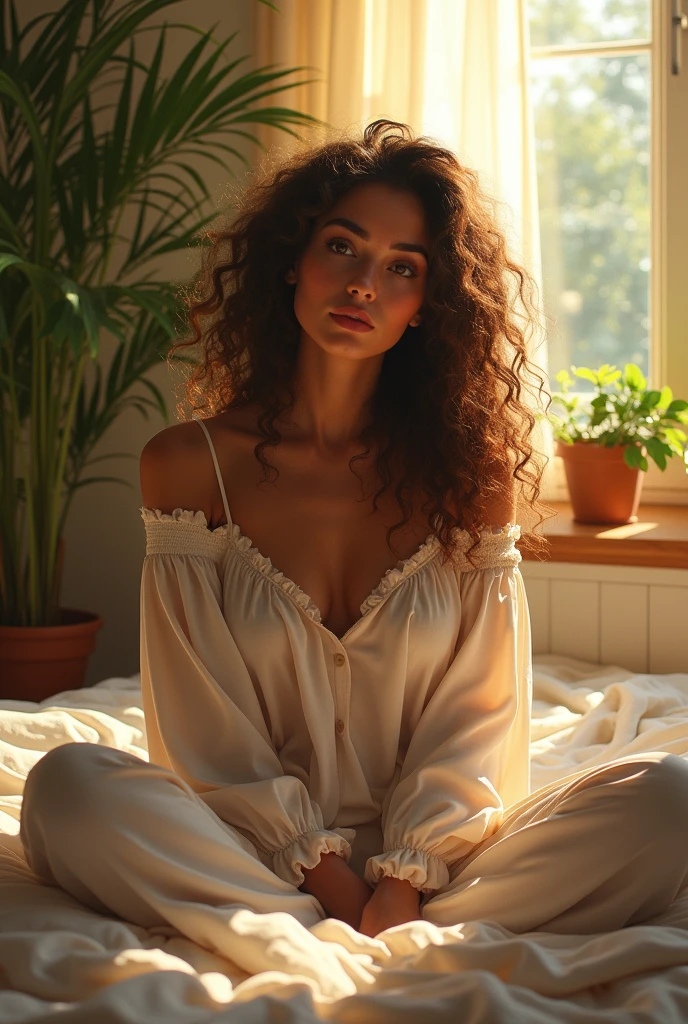 (photorealism:1.2), beautiful woman, sitting on bed, wearing loose off-shoulder top, pajama pants, long curly hair, indoors, soft lighting, plants in background, window with sunlight, cozy room, relaxed pose, realistic, intricate details, warm colors, by Greg Rutkowski, by Alphonse Mucha