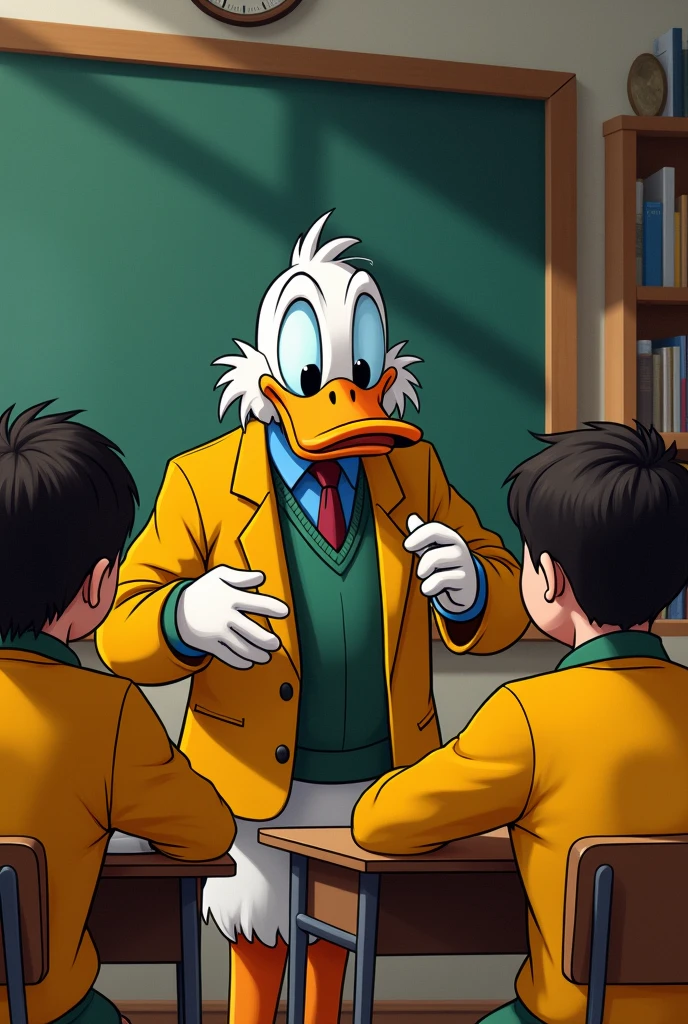 draw a picture of uncle scrooge talking to teenagers dressed in yellow uniforms in a classroom